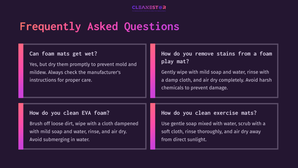 Four-Section Faq Layout On Cleaning Foam Mats, Featuring Questions With A Dark Background, White Text, And A Pink Gradient Border.