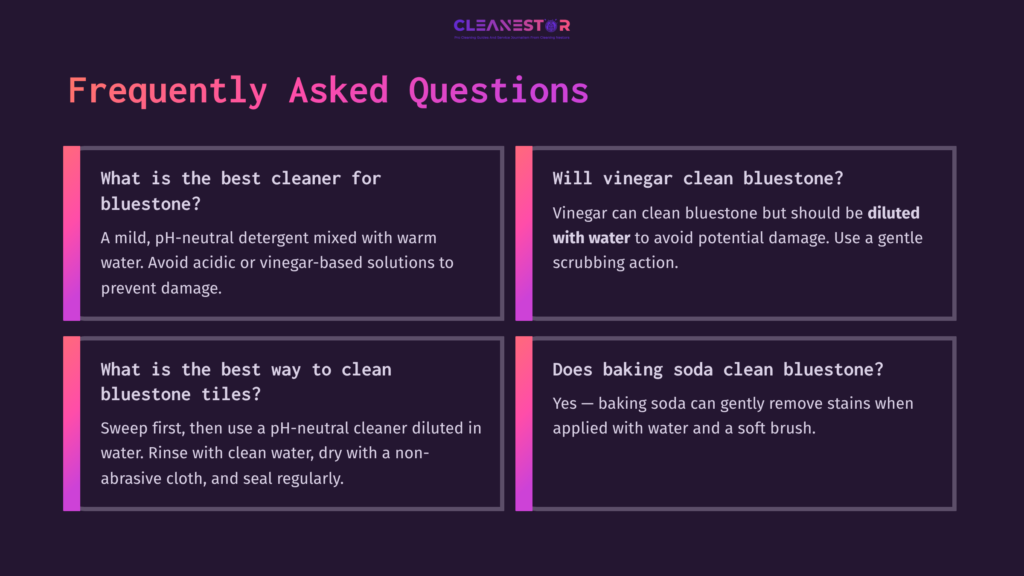 Four Faqs About Cleaning Bluestone, With Questions In Bold Pink On A Dark Background, And Answers In White Text, Organized In Colored Boxes.