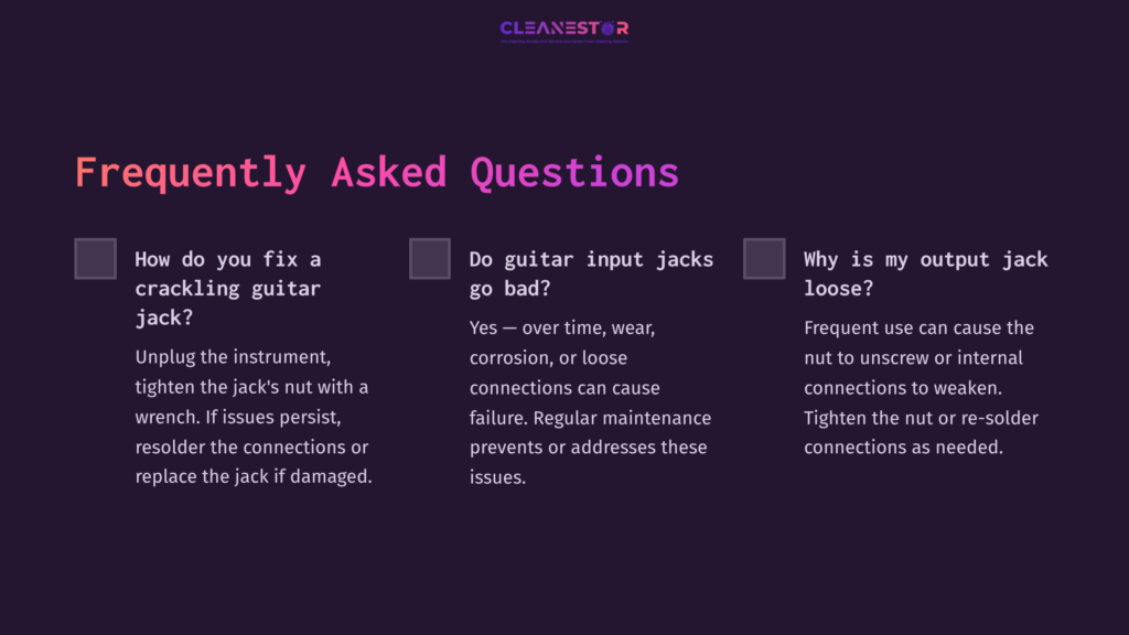 Text On A Dark Purple Background Discussing Common Issues With Guitar Output Jacks, Featuring Pink And White Accents For Emphasis.
