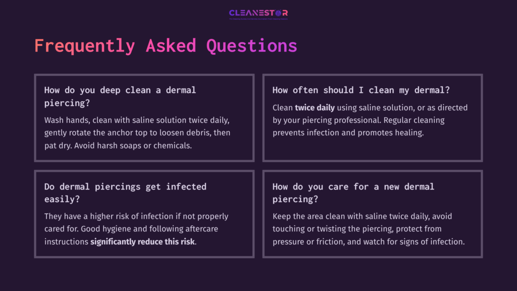 Four Purple And White Boxes With Faq Text About Cleaning And Caring For Dermal Piercings, Set Against A Dark Background.