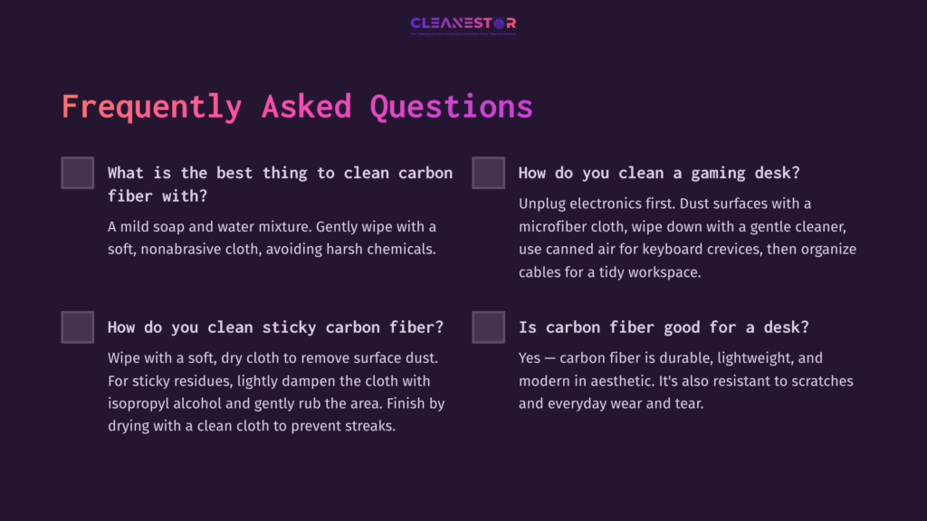 Text-Based Faq Section On Cleaning Carbon Fiber Surfaces, With A Dark Background, Light Text, And Checkboxes For Questions.