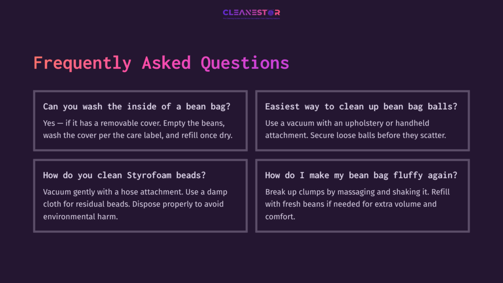 Purple Background With White Text In A Faq Format, Addressing Common Questions About Cleaning And Maintaining Bean Bags.