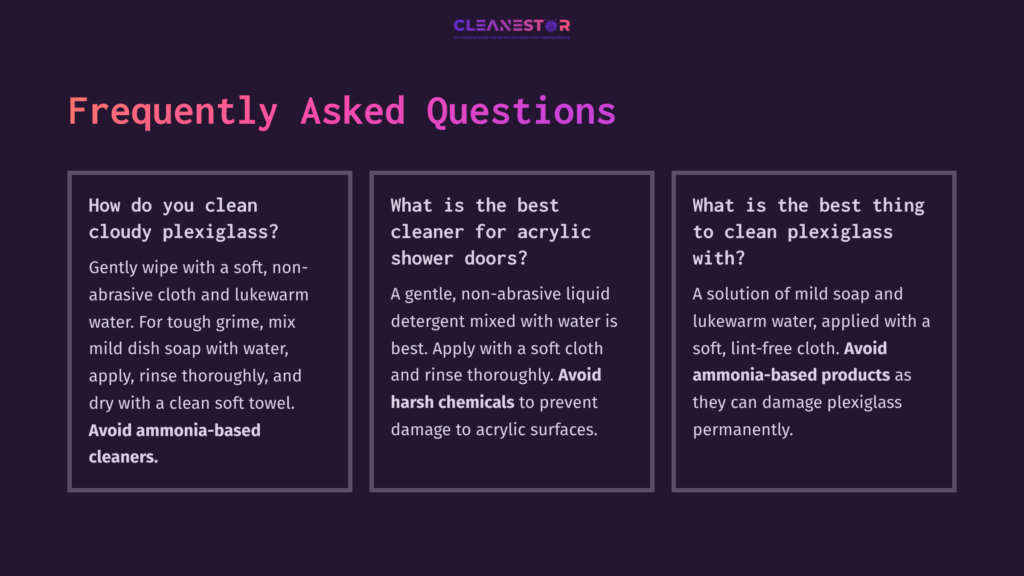 Purple Background With White And Pink Text Displaying Frequently Asked Questions About Cleaning Plexiglass Shower Doors And Acrylic Surfaces.