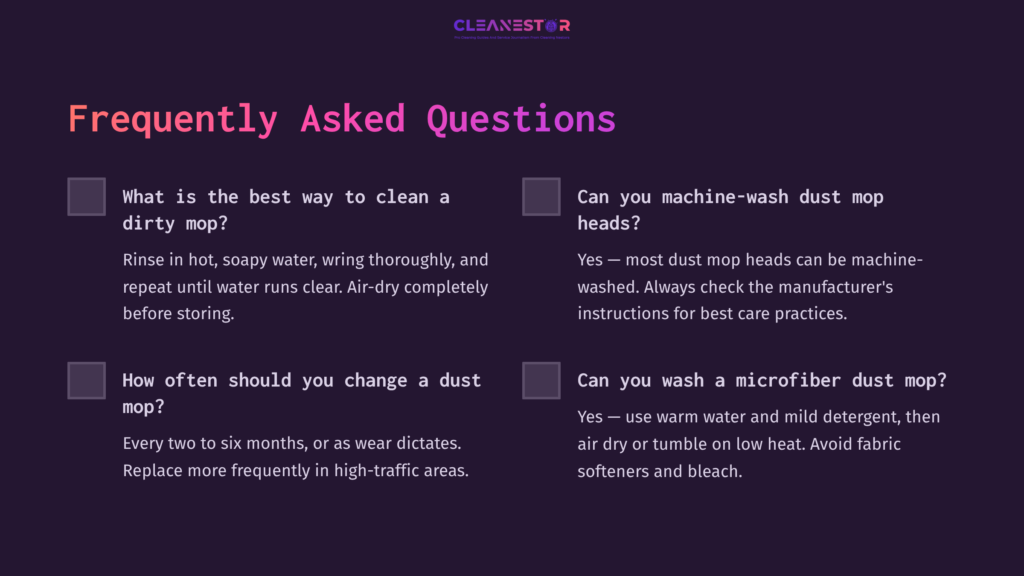 Purple Background With White Text; Shows Frequently Asked Questions About Cleaning Dust Mops, With Checkboxes For Answers.