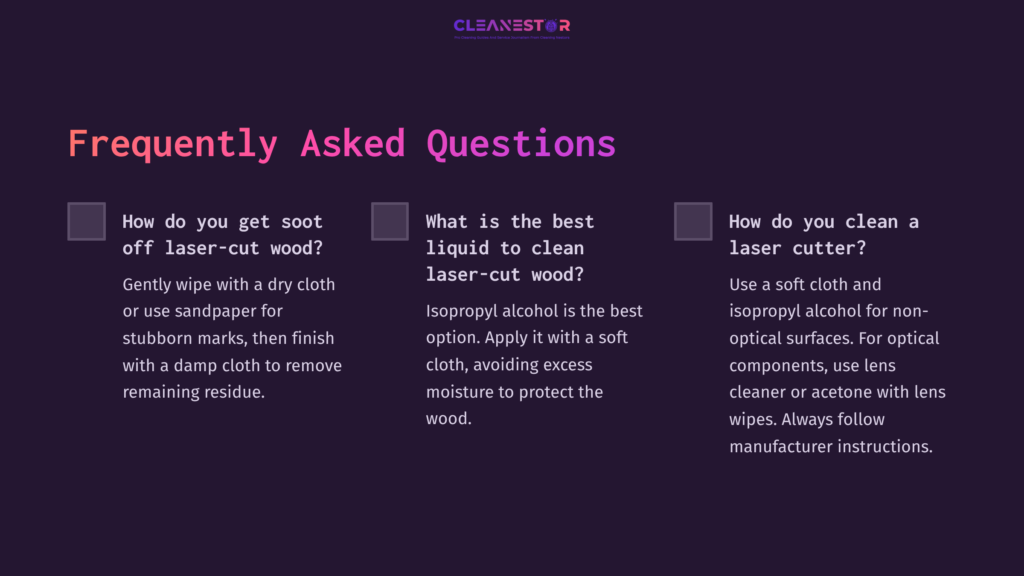 Text On A Dark Purple Background Presenting Faqs About Cleaning Laser-Cut Wood, With Checkboxes And Clear, Concise Answers.