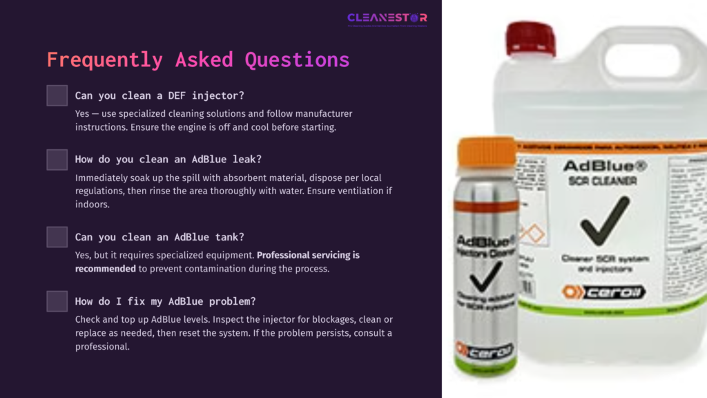 10 Frequently Asked Questions 30 Adblue Cleaning Guide With A Bottle, Container, And Faqs. Background In Blue With Text Highlighting Injector Care And Leak Resolution.