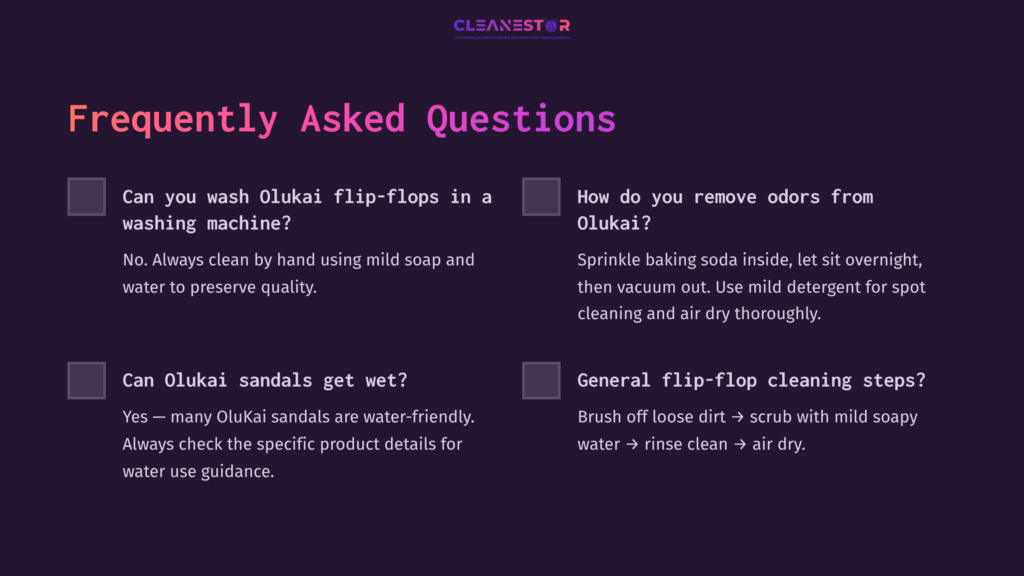 Text On A Dark Background Details Faqs About Cleaning Olukai Flip-Flops, Featuring Questions And Answers In A Clear Layout.