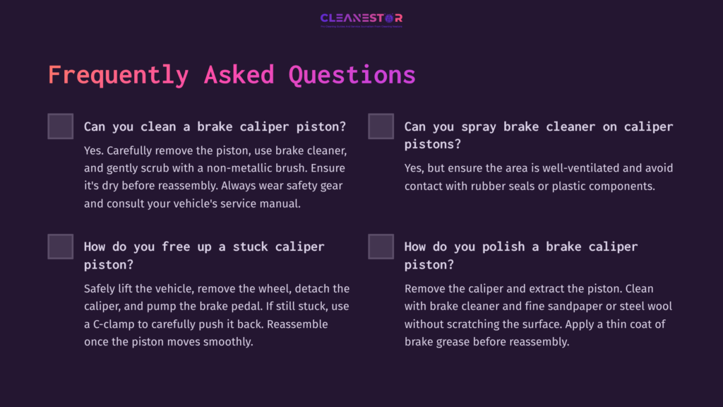 Graphic Displaying Faqs About Cleaning Brake Caliper Pistons, Featuring Text Boxes, A Dark Background, And A Purple Theme.