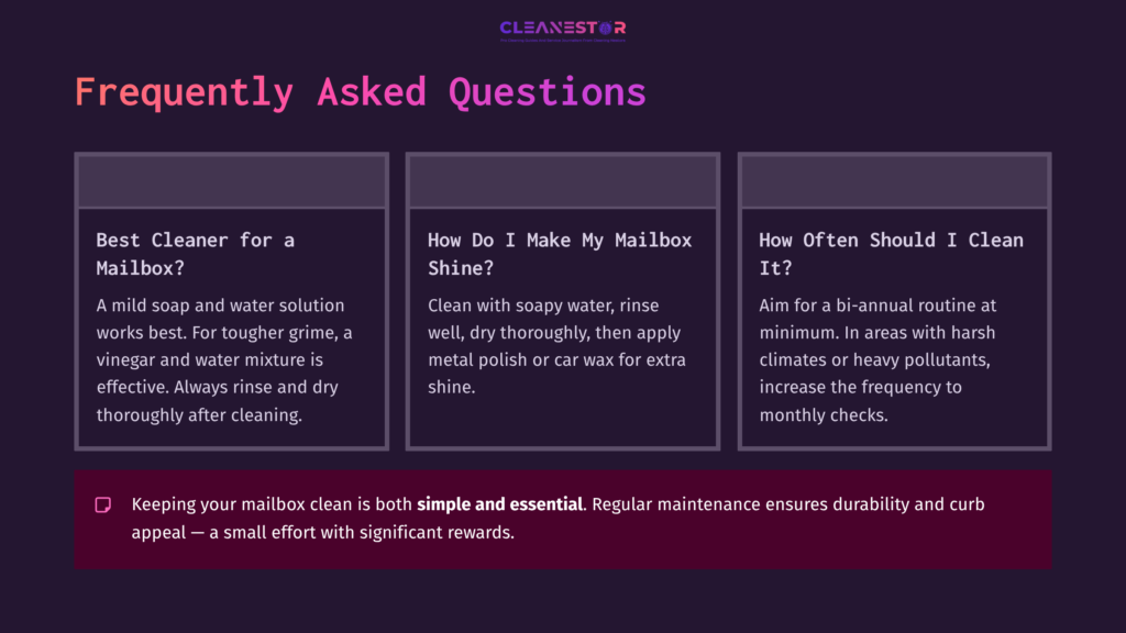 Text-Based Faq Section With A Dark Background, Featuring Questions About Mailbox Cleaning, Highlighted In White And Pink Text.