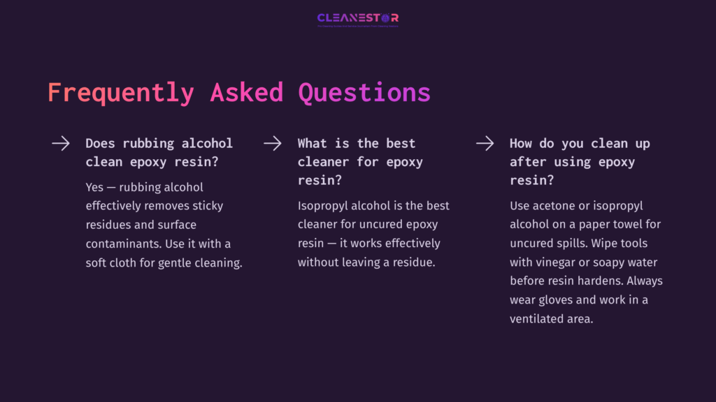 10 Frequently Asked Questions 36 Dark Purple Background With Three Faq Sections In Pink And White Text About Cleaning Epoxy Resin, Featuring Arrows For Easy Navigation.