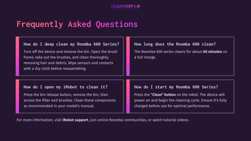 Purple Background With White Text Outlines Faqs About Cleaning The Roomba 600 Series, Featuring Sections On Cleaning, Battery Life, And Maintenance Steps.