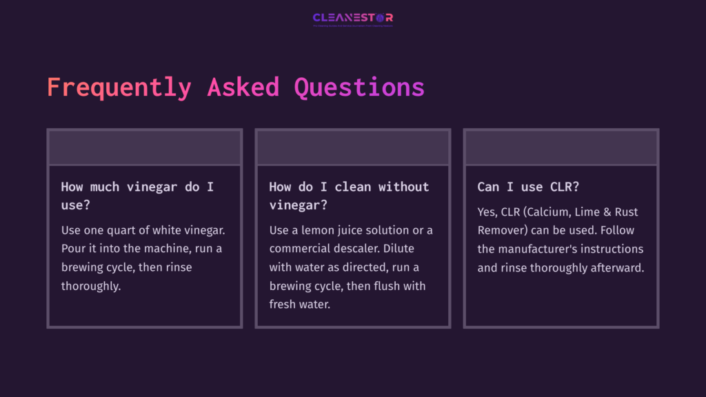 Purple Background With Three Faq Boxes In A Clean Layout. Text Discusses Cleaning Methods For A Bunn Coffee Pot Using Vinegar Or Clr.
