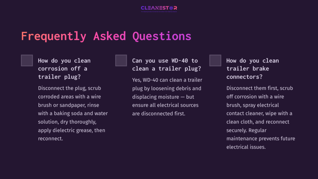 Purple Background With Three Faq Blocks; White Text Asking How To Clean Trailer Plugs, Using Wd-40, And Maintaining Connectors.