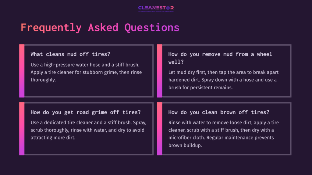 Four Colorful Blocks Of Text With White Font On A Dark Background, Outlining Frequently Asked Questions About Cleaning Mud And Grime From Tires.
