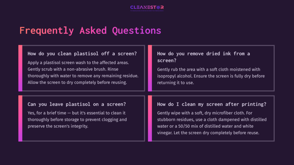 10 Frequently Asked Questions 41 Four Text Boxes With Faqs About Cleaning Plastisol Ink. Background Is Dark Purple With White And Pink Text. Clear Layout And Easy-To-Read Format.