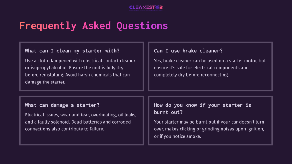 Textual Faq Section Featuring Questions About Starter Cleaning And Maintenance, Highlighted In A Purple And White Color Scheme With Clear Sections.