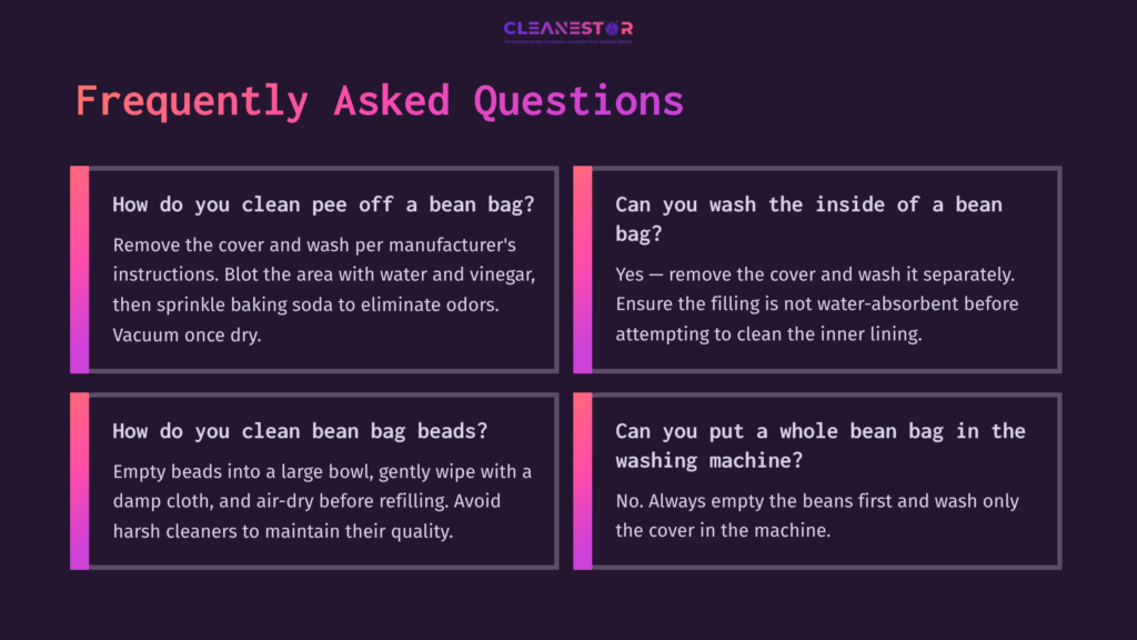 Four Colorful Boxes On A Dark Background, Each Containing Text With Faqs About Cleaning Bean Bags, Featuring Purple, Pink, And White Text.