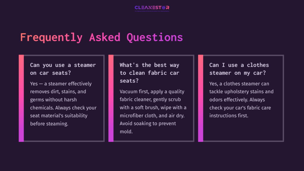 Three Colored Panels On A Dark Background With Faqs About Cleaning Car Seats, Featuring Text In Bright Colors And Icons For Emphasis.