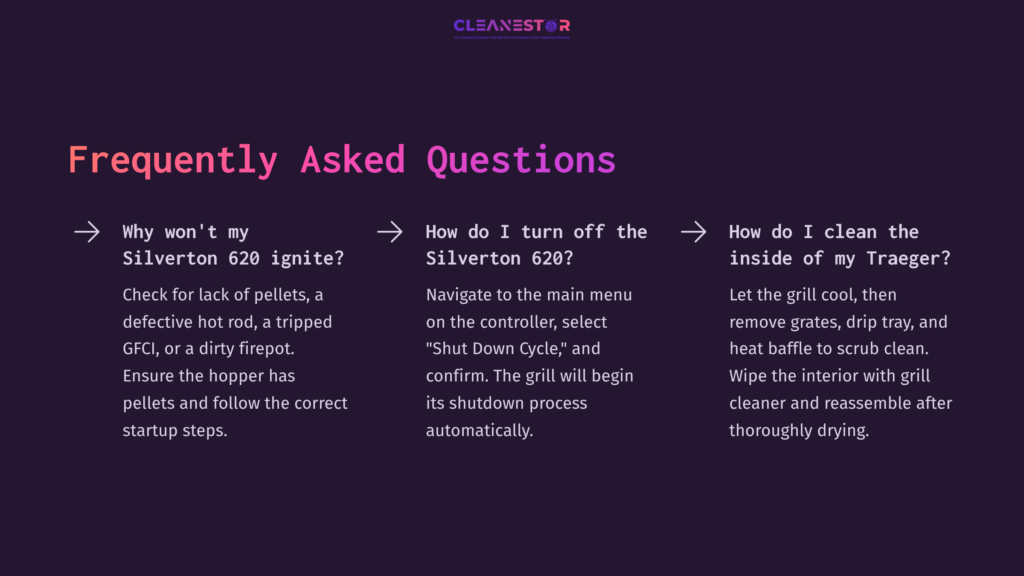 Text On A Dark Purple Background With White Arrows And Faqs About Turning Off And Cleaning A Traeger Silverton 620 Grill.