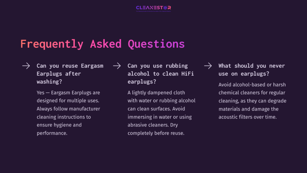 Text On A Dark Background With Purple Accents, Featuring Faqs About Cleaning Eargasm Earplugs, Highlighting Different Cleaning Methods.