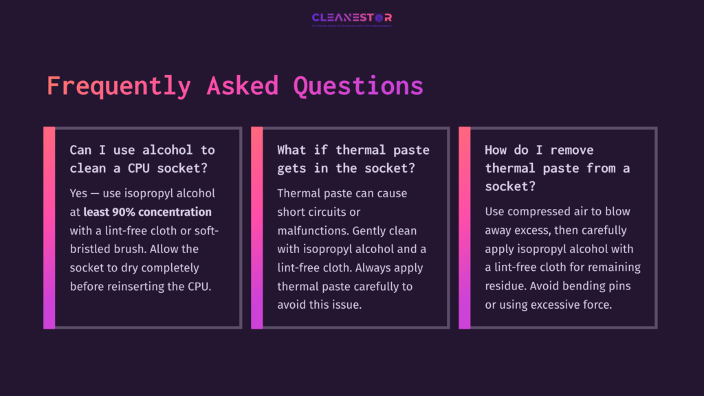 Three Vibrant, Structured Faq Boxes With Questions About Cleaning Cpu Sockets, Featuring Purple Backgrounds And Contrasting Text Colors.
