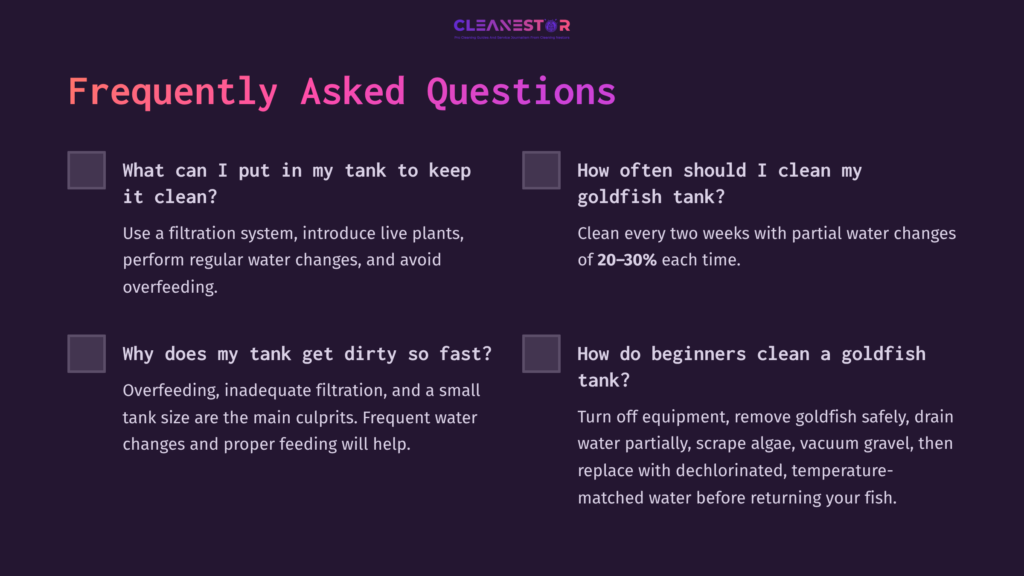 Four Faqs About Maintaining A Goldfish Tank, With A Purple Background. Questions Highlight Cleaning Frequency And Common Issues.