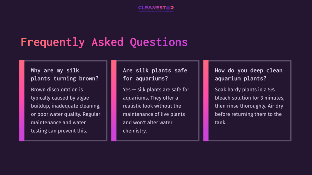 Three Framed Sections With White Text On A Dark Background, Discussing Common Questions About Silk Aquarium Plants And Their Care.