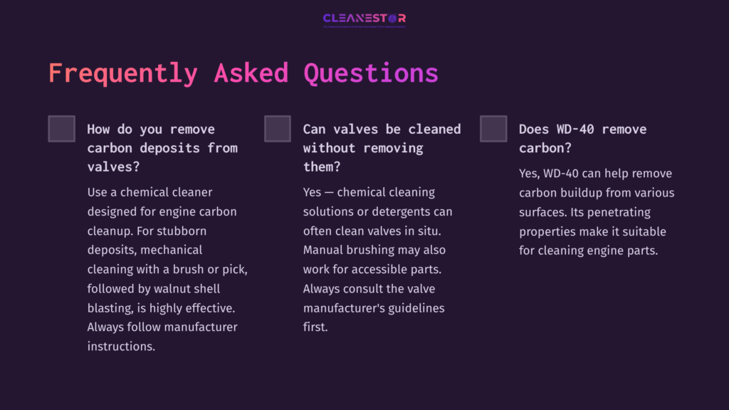 Purple Background With White Text Listing Faqs About Cleaning Carbon Off Valves, Including Methods And Safety Recommendations.