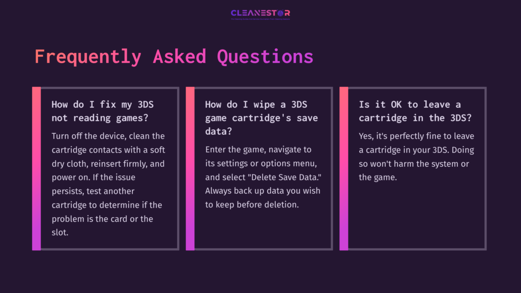 Three Colored Boxes On A Dark Background Displaying Faqs About Cleaning And Managing 3Ds Game Cartridge Data, With Bold Headings.