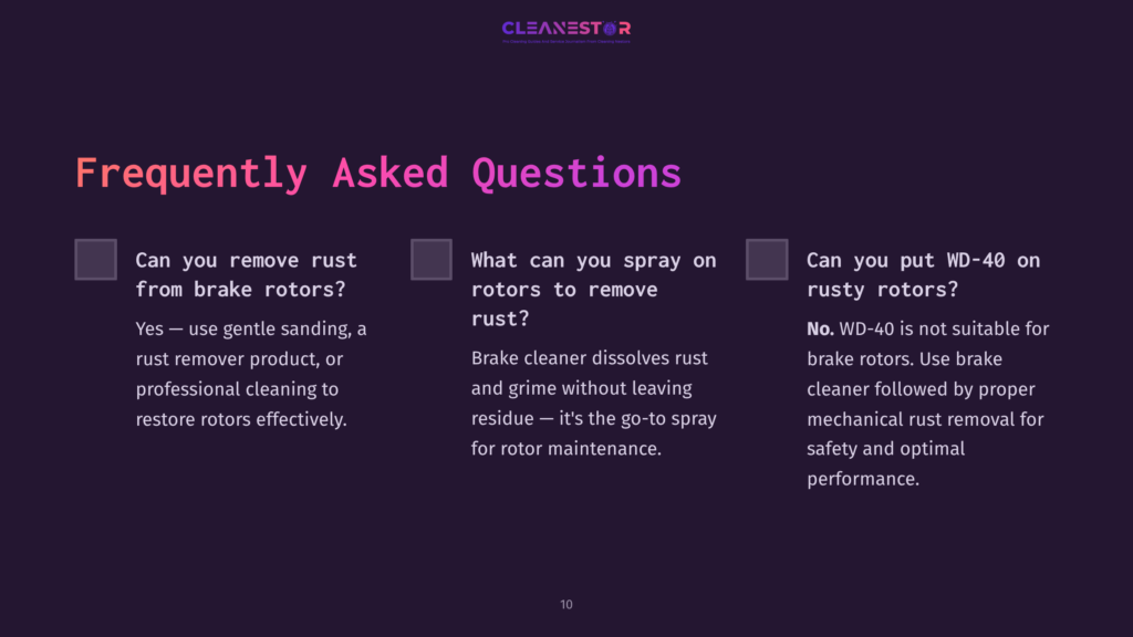 10 Frequently Asked Questions 55 Dark Purple Background With White Text Displaying Frequently Asked Questions About Cleaning Rusty Brake Rotors, With Checkboxes And Clear Headings.