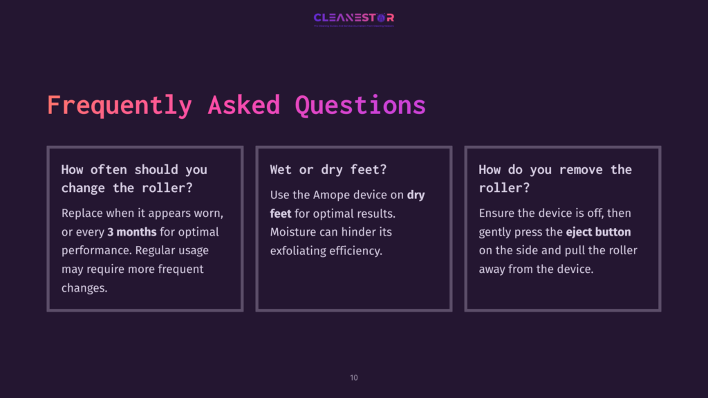 Three Text Boxes With White Font On A Dark Purple Background Display Faq About Amope Roller Usage, Maintenance, And Technique.