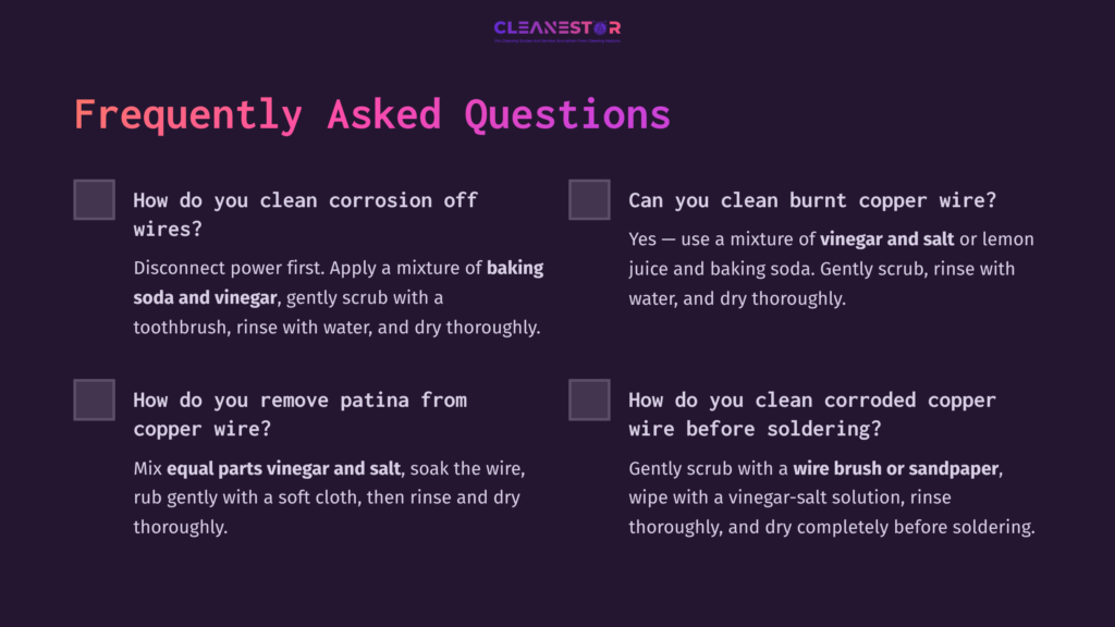 Text Content On A Purple Background Outlines Faqs About Cleaning Oxidized Copper Wire, Featuring Questions With Checkboxes.
