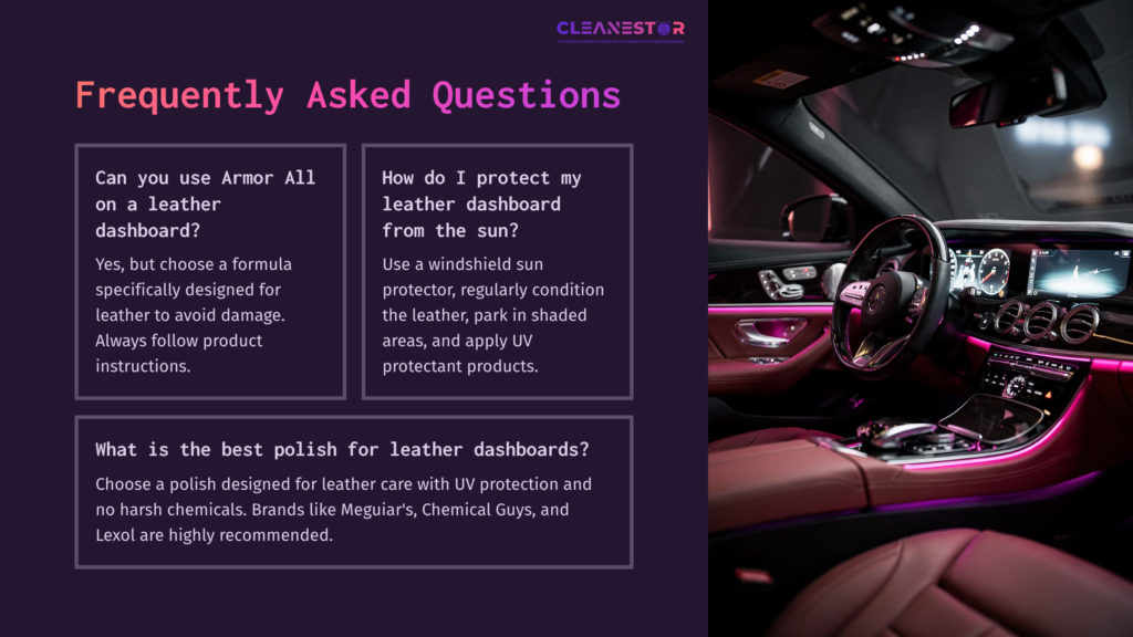 Leather Dashboard With A Focus On Cleaning Tips; Dark Interior, Purple Highlights, And Key Faqs Displayed In Boxes On The Left.