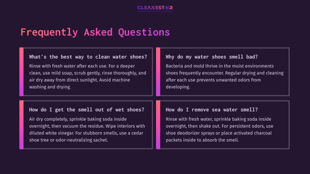 10 Frequently Asked Questions 9 Four Informational Boxes In A Dark Layout Answer Faqs About Cleaning Water Shoes, Featuring Bold Headings And Clear, Concise Text.