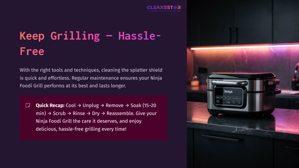 A Ninja Foodi Grill On A Countertop With Instructional Text Overlay About Cleaning Its Splatter Shield, Featuring A Dark Background And Vibrant Colors.