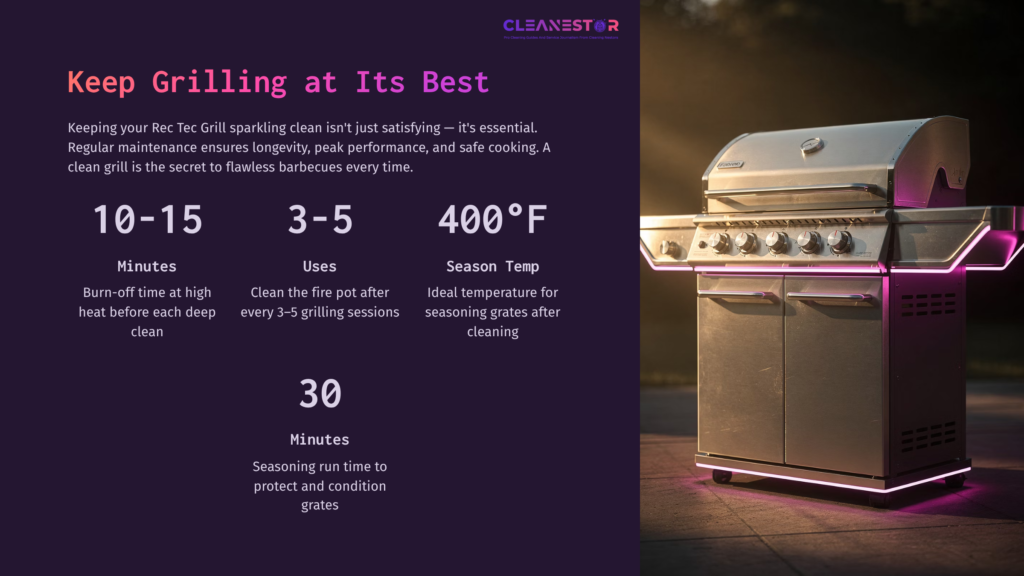 10 Keep Grilling At Its Best A Stainless Steel Rec Tec Grill Is Illuminated With Purple Lighting, Accompanied By Text Detailing Cleaning Tips And Timing.