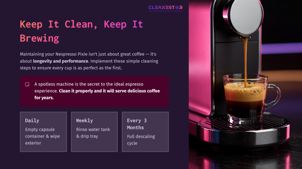 A Shiny Nespresso Pixie Machine With An Espresso Shot Flowing Into A Cup, Set Against A Dark Background With Cleaning Tips.