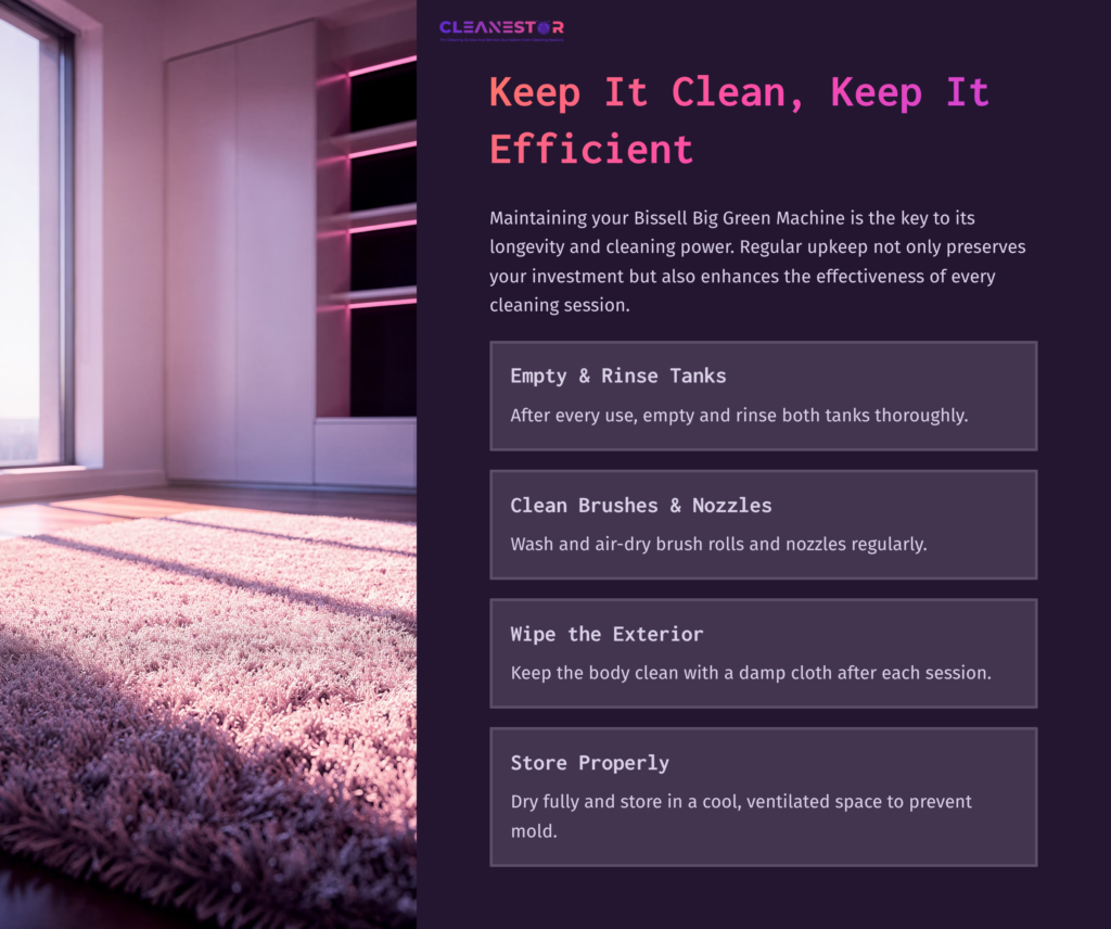 Bissell Big Green Machine Cleaning Guide With Purple Background, Text Instructions, And A Soft Pink Carpet As A Focal Point.