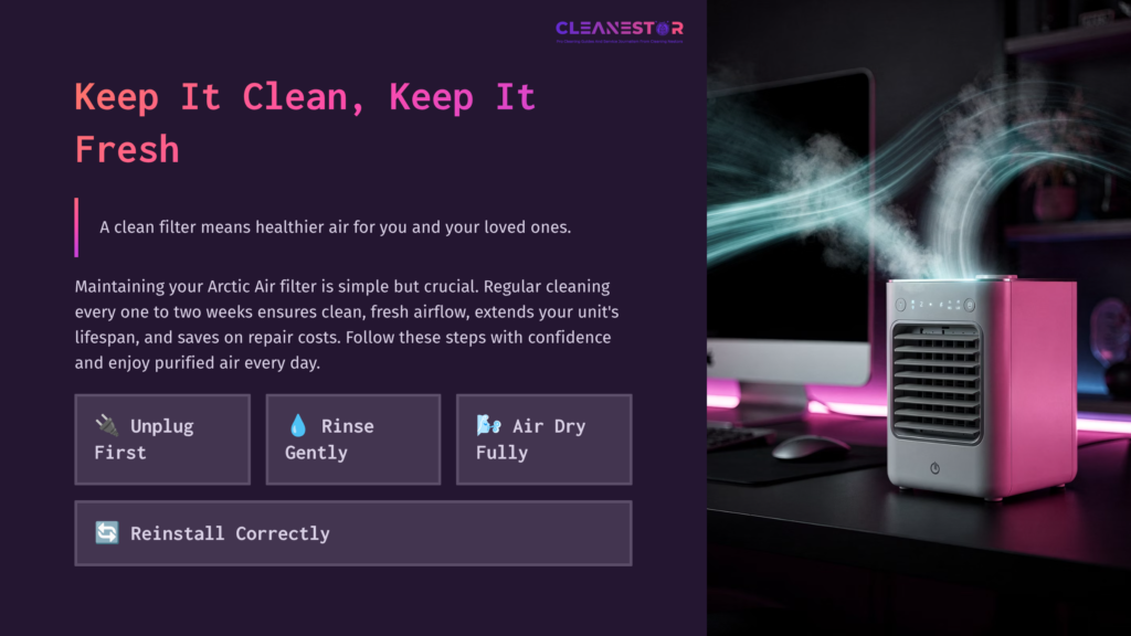 Purple Background With Text On Cleaning Arctic Air Filter. A Sleek Air Purifier Emits Mist Near A Computer Setup, With Buttons Below For Instructions.