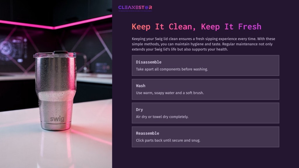 A Stainless Steel Swig Tumbler Sits On A Countertop, With Cleaning Instructions On The Right, Highlighted By Purple And Pink Lighting.