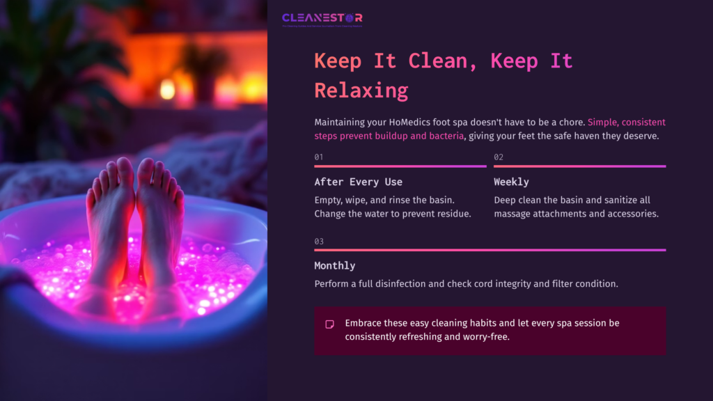 A Foot Spa Filled With Warm Water And Glowing Pink Light, With Bare Feet Resting On The Edge. Text Outlines Cleaning Tips And Routines.