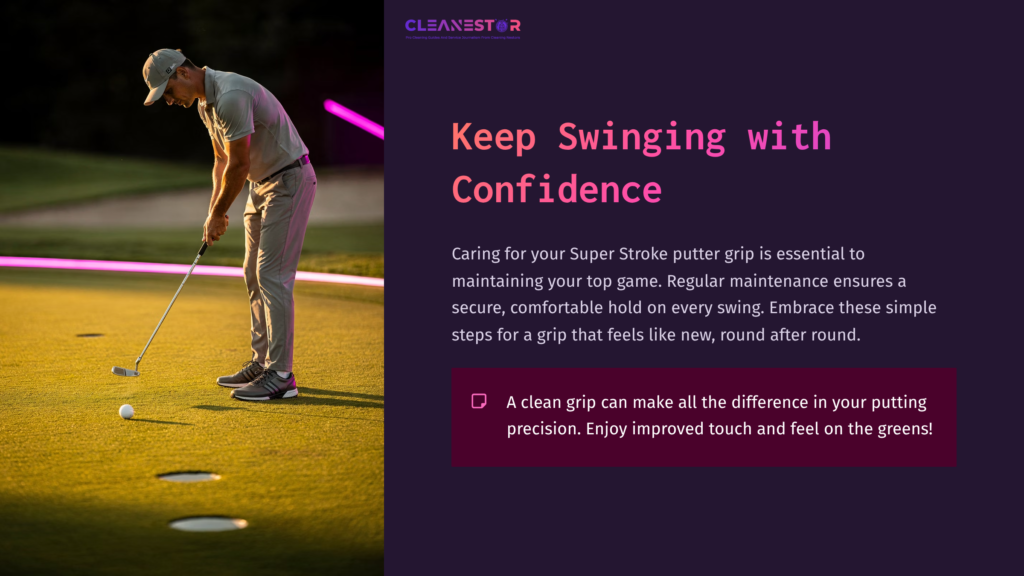 A Golfer Putts On A Well-Manicured Green With A Pink-Lit Backdrop, Emphasizing Care For Super Stroke Putter Grips.