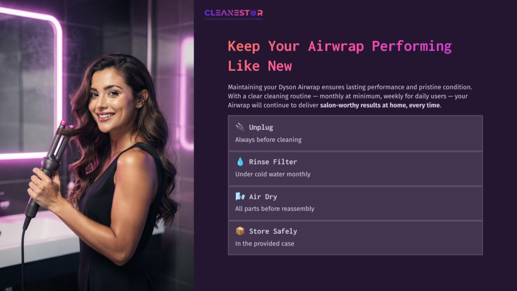 10 Keep Your Airwrap Performing Like New A Woman Holding A Dyson Airwrap, Smiling, With A Dark Purple Background Featuring Cleaning Tips In White Text And Icons.