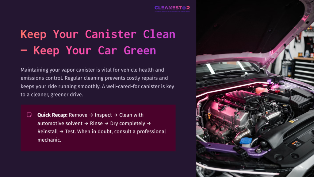 10 Keep Your Canister Clean Keep Your Car Green Text On A Purple Background Highlights Vapor Canister Cleaning Tips Next To A Brightly Lit Engine Compartment Of A Car.