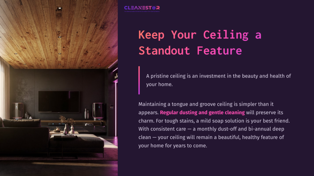 Modern Living Room With A Tongue And Groove Wood Ceiling, Featuring Dark Walls, Stylish Furniture, And A Flat-Screen Tv, Emphasizing Elegance.