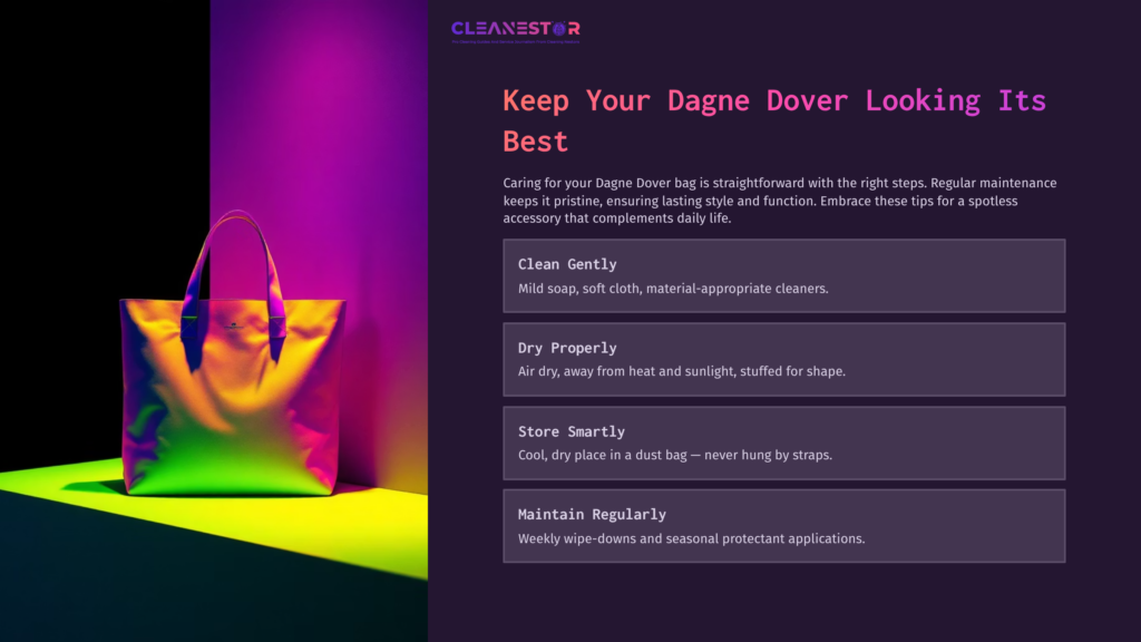 10 Keep Your Dagne Dover Looking Its Best Brightly Colored Dagne Dover Bag On A Vibrant Backdrop, Accompanied By Cleaning Tips In Bold Text. The Layout Emphasizes Care And Maintenance.