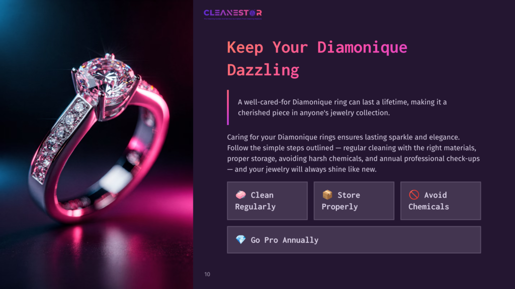 A Sparkling Diamonique Ring Displayed On A Pink Background, With Text Highlighting Care Tips And A Call To Action For Annual Check-Ups.