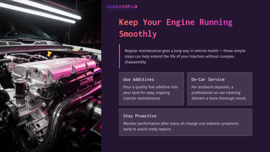 Engine Compartment With A Highlighted Fuel Injector, Featuring Text On Maintenance Tips And A Modern, Clean Design In Dark Purple And Pink Tones.