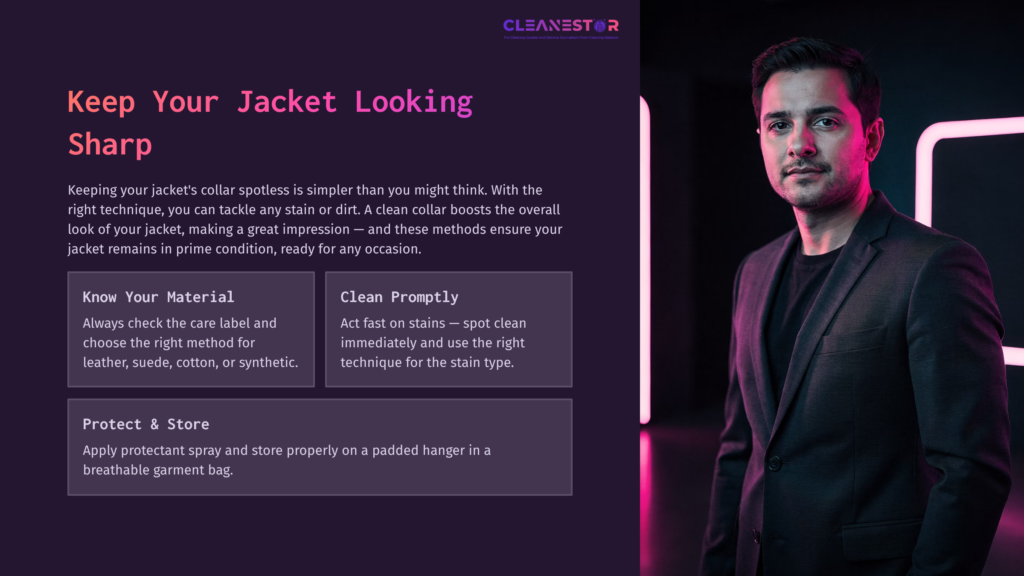 10 Keep Your Jacket Looking Sharp A Man Stands Next To A Lit Wall, Presenting Tips On Cleaning Jacket Collars. Text Highlights Material Choices And Cleaning Methods.