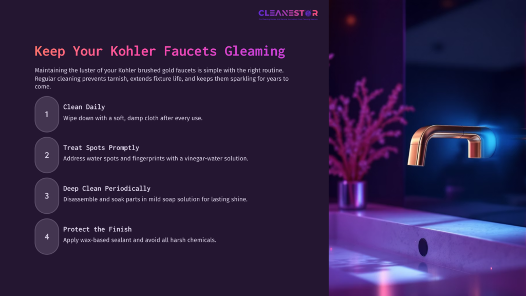 Kohler Brushed Gold Faucet With A Soft Glow, Alongside Cleaning Tips In Bold Text On A Purple Background.